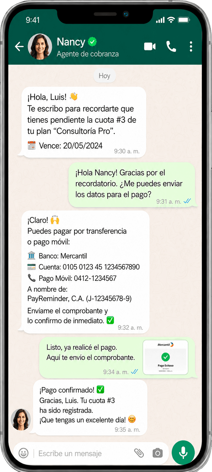 Conversación de cobranza por WhatsApp entre el agente PayReminder y un cliente